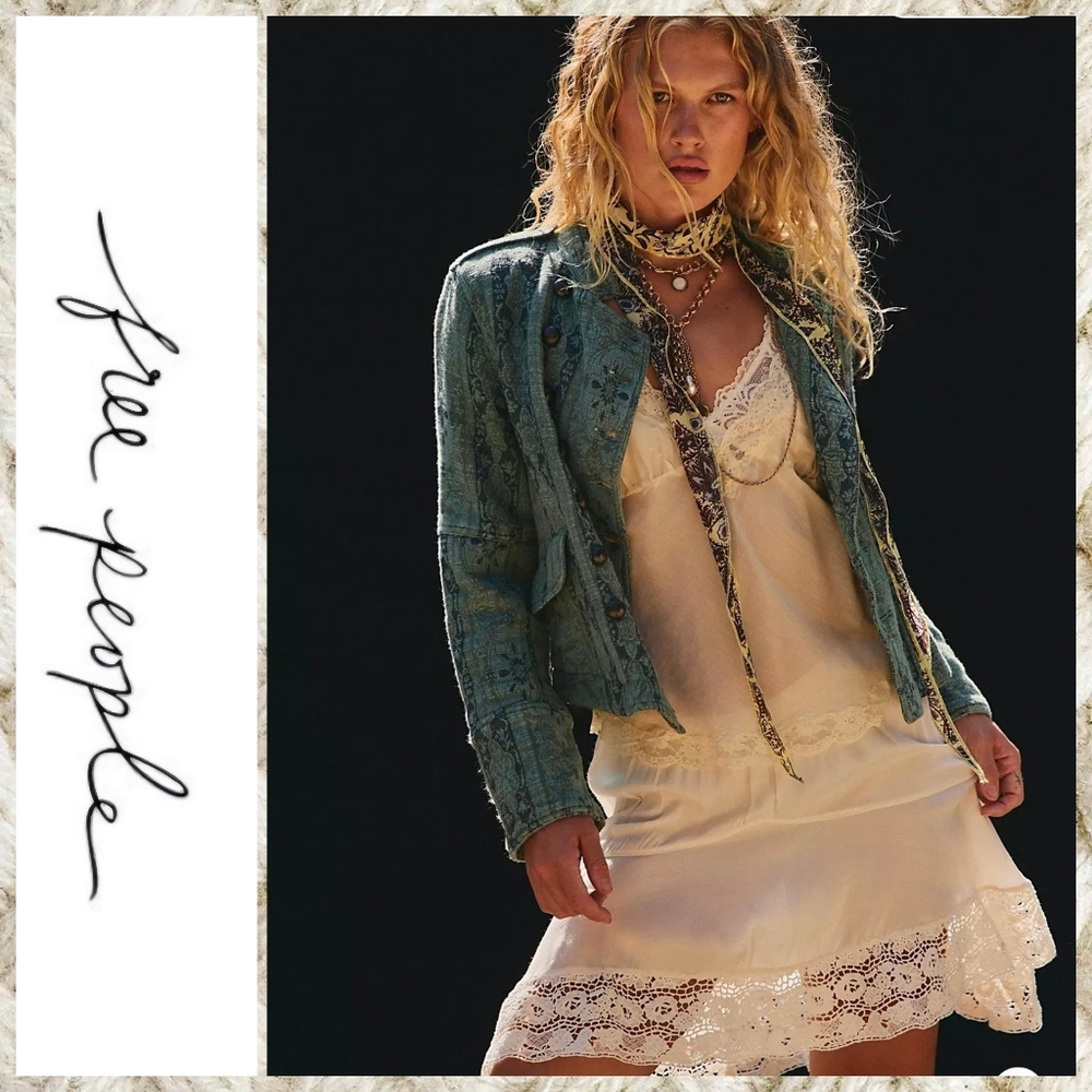 NWT Free People Lotty Jaquard Jacket / Steel Sea XL